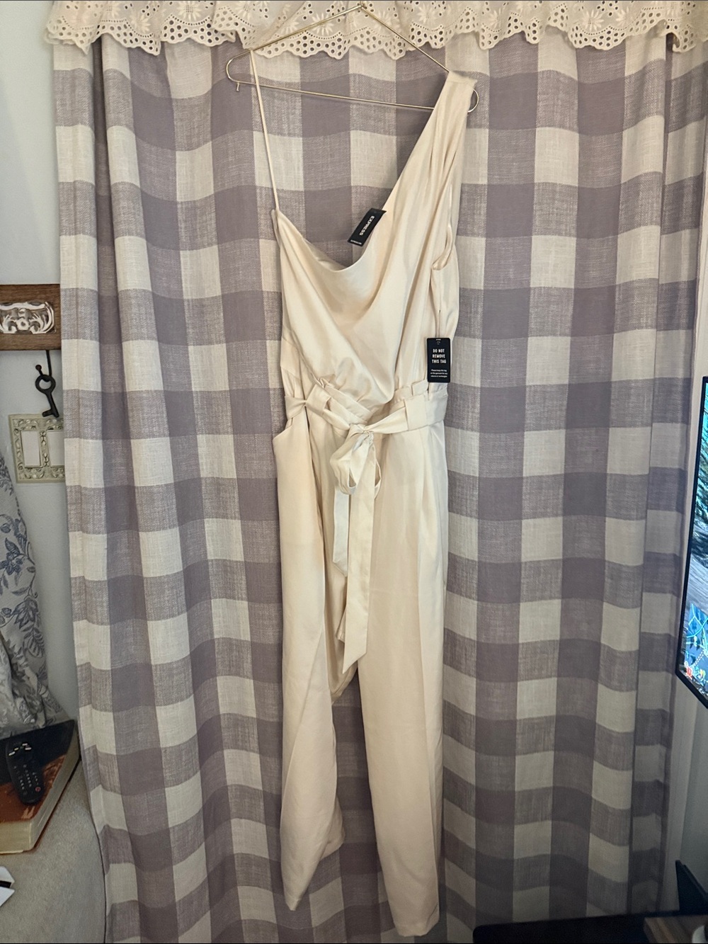 Asymmetric One-Shoulder Cream Jumpsuit with Self-Tie Belt
